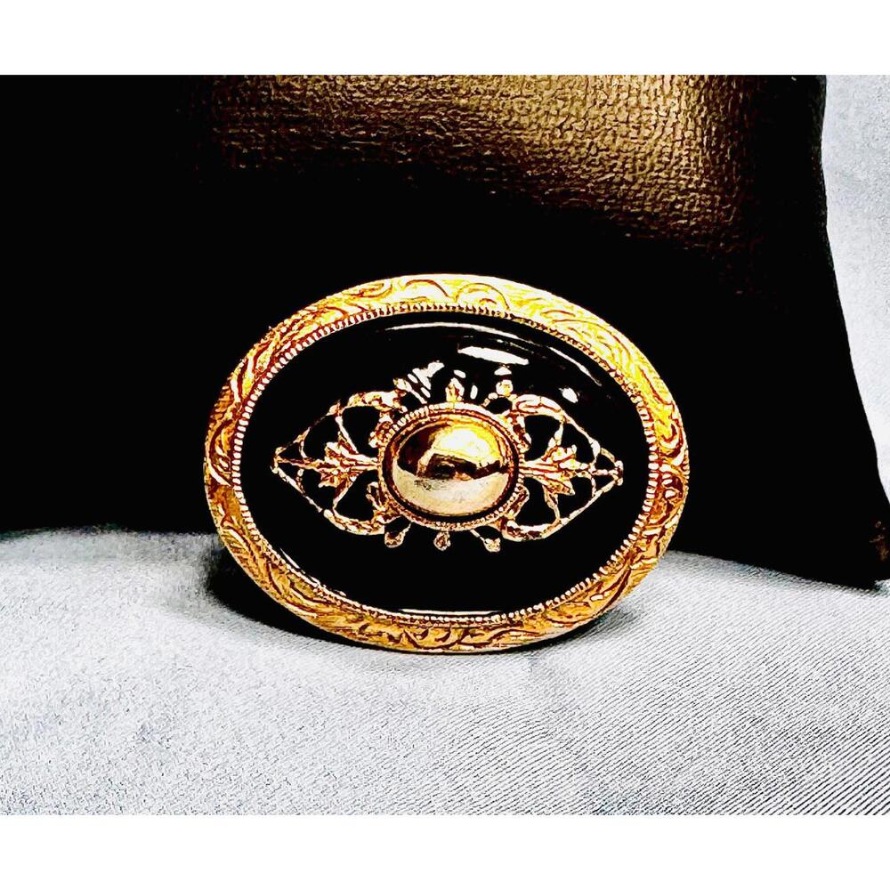 Vintage Style Similar to 1928 Brand Black Enameled Gold Tone Faux Pearls Brooch